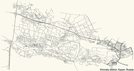 Fototapeta na wymiar Black simple detailed street roads map on vintage beige background of the quarter Kirovsky district (raion) of Kazan, Russia