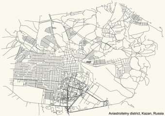 Fototapeta na wymiar Black simple detailed street roads map on vintage beige background of the quarter Aviastroitelny district (raion) of Kazan, Russia