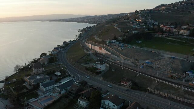 Aerial of busy highway running through Swiss landscape