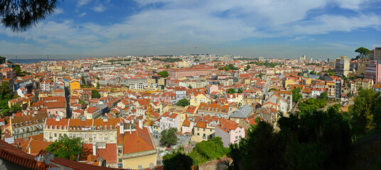 Naklejka na ściany i meble Historic Baixa district skyline aerial view panorama, from Miradouro da Graca in city of Lisbon, Portugal.