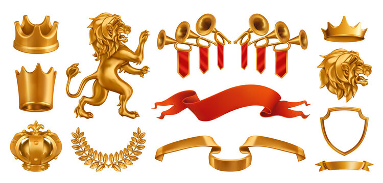 Gold crown of the king. Laurel wreath, fanfare, lion ribbon. 3d vector realistic set