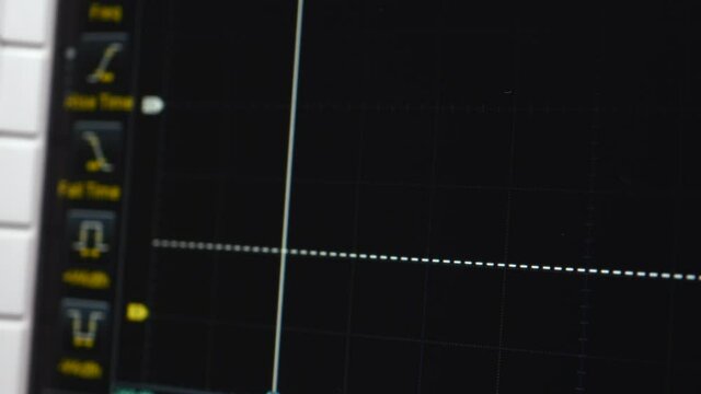 Close Up Of Oscilloscope In The Workplace. Waveforms On The Oscilloscope Display. 