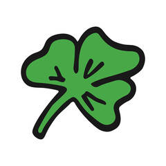 Vector clover icon in hand drawn style. Colorful leaf symbol with black outline. Isolated illustration on white background. Cartoon pictogram for game. Doodle clover leaf picture.