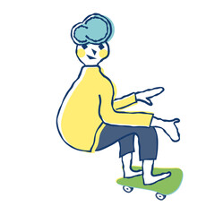 Woman cloud head character playing skateboard. Vector illustration for graphic design or surf skate content background	