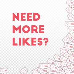 Social media icons. Need more likes concept. Falling counter comment friend notification. Favorable