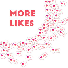 Social media icons. More likes concept. Falling gradient like counter. Optimal big radiant left top