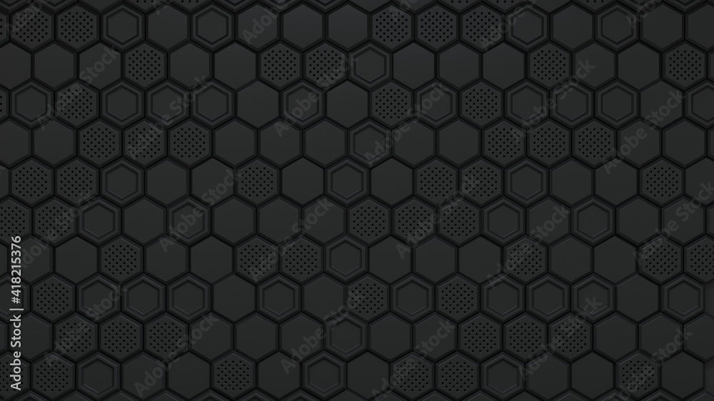 Wall mural abstract black hexagonal background. embossed hexagon, honeycomb black background ,light and shadow.
