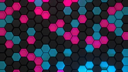 Abstract pink black blue hexagonal background. Embossed Hexagon, honeycomb colorful multicolored Background, light and shadow. Modern background. 3d render