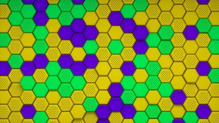Abstract yellow purple green hexagonal background. Embossed Hexagon, honeycomb colorful multicolored Background, light and shadow. Modern background. 3d render
