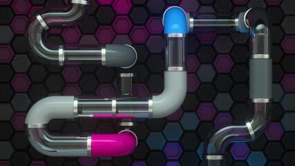 Futuristic glass pipeline with gray and white plastic glossy inserts and metal rings. System of pipes. Multicolored hexagonal background. Running yellow glowing ball. Sci-Fi Futuristic. 3d animation - Powered by Adobe