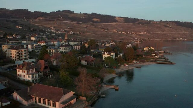Aerial of beautiful lakeside house
