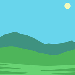 Landscape background cartoon style art illustration. Big Wallpaper grass field poster game card design.