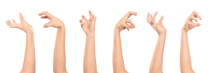 Set of Woman hands gesturing isolated on white background.
