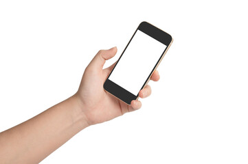  Woman hand holding mobile phone isolated on white background.
