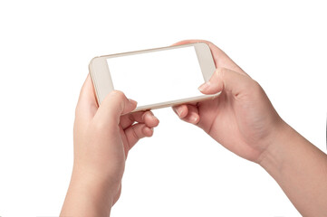 Young woman  hand holding smartphone with blank screen isolated.