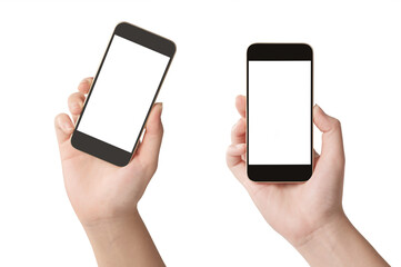  Woman hands holding smartphone with blank screen isolated on white background.
