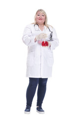 smiling woman doctor with a laboratory flask . isolated