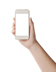 Woman hand holding smartphone with blank screen on white background.