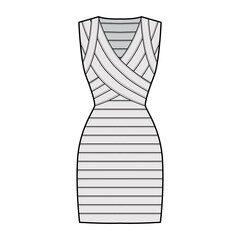 Bandage dress technical fashion illustration with V-neck, sleeveless, fitted body, elasticated, knee length, pencil cut. Flat apparel template front, grey color style. Women, men unisex CAD mockup