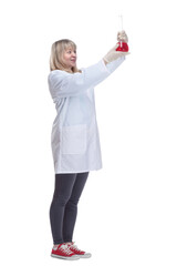 medical woman with a laboratory flask . isolated on a white background.