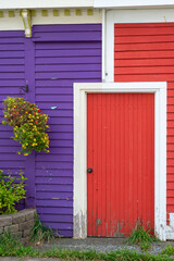 Fototapeta na wymiar A small red wooden common door with white wood trim around the exterior. The exterior door is in between a red wall and a purple wall. There's a hanging basket of flowers and a flower pot. 