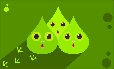 Illustration design vector cartoon shape of three cute green baby frogs on green isolation background with frog footprints ornament
