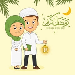 Muslim boy and girl celebrating ramadan with beautiful ramadan kareem