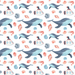 seamless pattern with blue whale submarine and shells