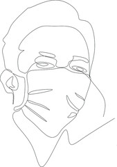 a continuous line illustration of a man wearing a mask so he doesn't catch the corona virus