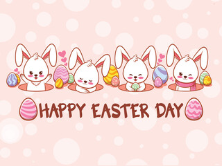 Cute bunny with easter eggs decorated. cartoon character illustration happy easter day concept.