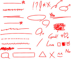 Draw arrows and lines with colored pencils illustration set. doodle, sketch, pointer, sign, highlight, marker symbol Vector drawing. Hand drawn style.