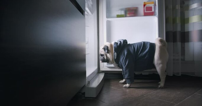 Funny hungry pug dog open the fridge at night, standing near the refrigerator, looking inside. Pug dog get inside the fridge to steal food. Want to eat at night. Failed diet. Extra calories