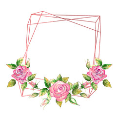 The geometric frame is decorated with flowers. Pink roses, green leaves, open and closed flowers. Delicate watercolor illustration.
