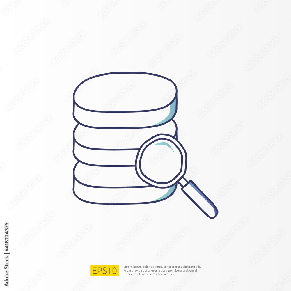 Poster analysis concept doodle gradient fill line icon with magnifier and data server. statistics science t