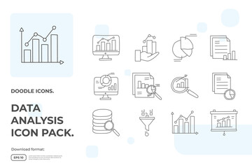 data collection and analysis concept doodle icon set vector illustration. Statistics science technology, machine learning process related for business strategy sign symbol