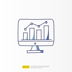 data collection analysis concept doodle Gradient fill line icon with graphic chart on pc screen monitor. Statistics science, machine learning process related for business strategy illustration