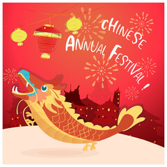 Chinese cartoon dragon holding annual festive greeting in new year premium vector