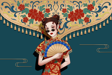 Girl in red cheongsam and sunglasses. Oriental female portrait illustration