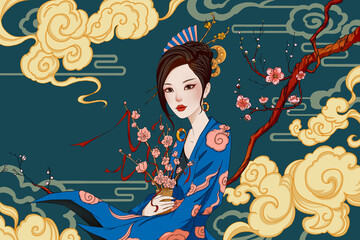 Woman in blue oriental costume. Retro portrait illustration
