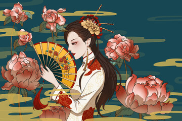 A woman in a white cheongsam holding a fan is standing next to peony flowers, women's day illustration