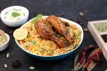 Chicken biryani Spicy Indian Malabar biryani Hyderabadi biryani, Dum Biriyani pulao Kerala India Sri Lanka Pakistan basmati rice mixed rice dish with meat curry Ramadan Kareem, Eid
