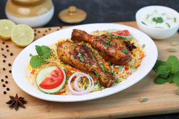 Chicken biryani Spicy Indian Malabar biryani Hyderabadi biryani, Dum Biriyani pulao Kerala India Sri Lanka Pakistan basmati rice mixed rice dish with meat curry Ramadan Kareem, Eid