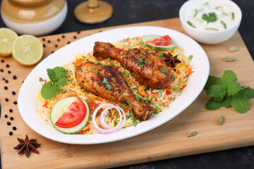 Chicken biryani Spicy Indian Malabar biryani Hyderabadi biryani, Dum Biriyani pulao Kerala India Sri Lanka Pakistan basmati rice mixed rice dish with meat curry Ramadan Kareem, Eid