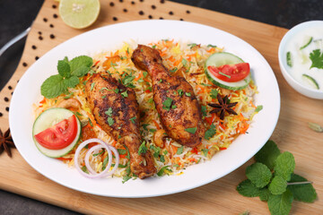 Chicken biryani Spicy Indian Malabar biryani Hyderabadi biryani, Dum Biriyani pulao Kerala India Sri Lanka Pakistan basmati rice mixed rice dish with meat curry Ramadan Kareem, Eid