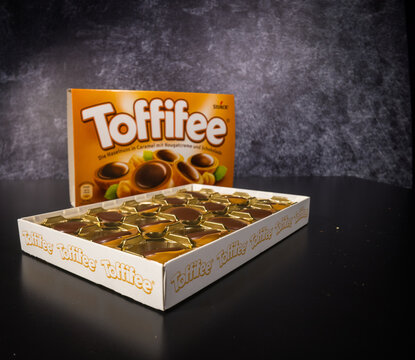 Toffifee - famous sweet caramel candy with chocolate - FRANKFURT, GERMANY - MARCH 4, 2021