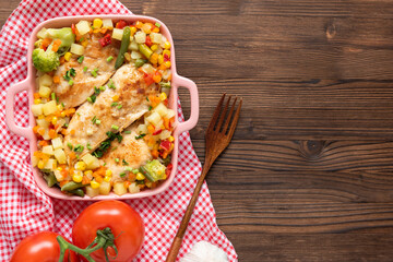 Homemade baked chicken with different seasonings and vegetables on a dark wooden background.
