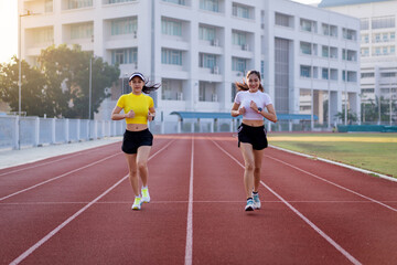 Obraz premium Two young Asian women in sports outfits jogging on running track in city stadium in the sunny morning to keep fitness and healthy lifestyle. Young fitness women run on the stadium track