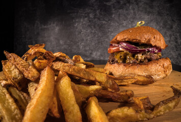Delicious Cheeseburger with French fries - food photography