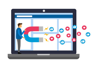 Social media online marketing or digital advertising ads. Influencer holding magnetic to drag customer like icon into the business.