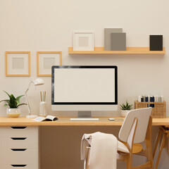 3D rendering, home office with computer, supplies and decorations, 3D illustration